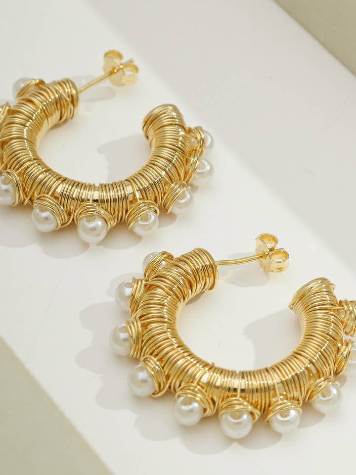 14k Gold Plated Pearl Hoop | Earring | No Tarnish for wholesale by Bossaglam Jewelry