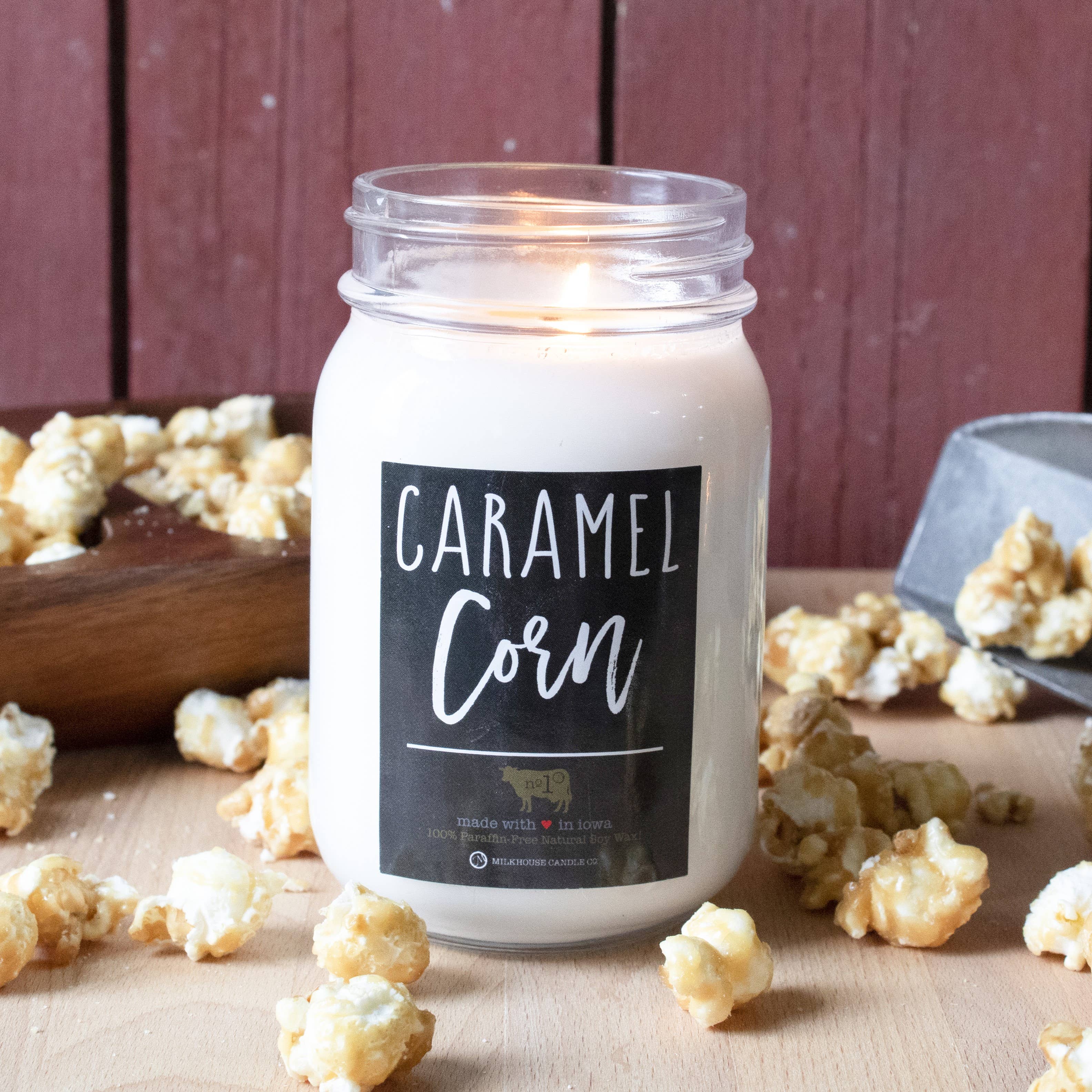 Milkhouse Candle Company - Wholesale Jar/Filled Candle - 13 oz Mason Jar Fall Candle: Caramel Corn1