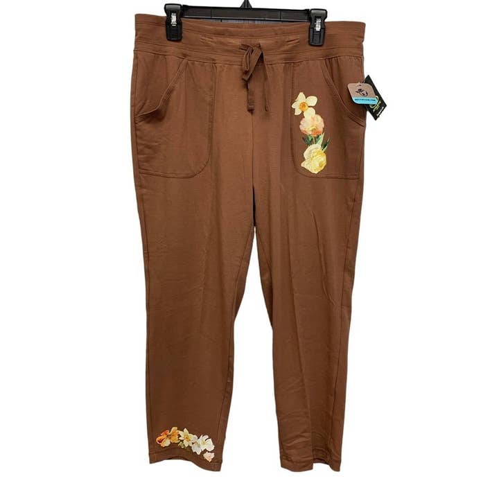 Pantalon de yoga imprimé à la main avec petites fleurs jaunes pour femmes pour la vente par Revyntage