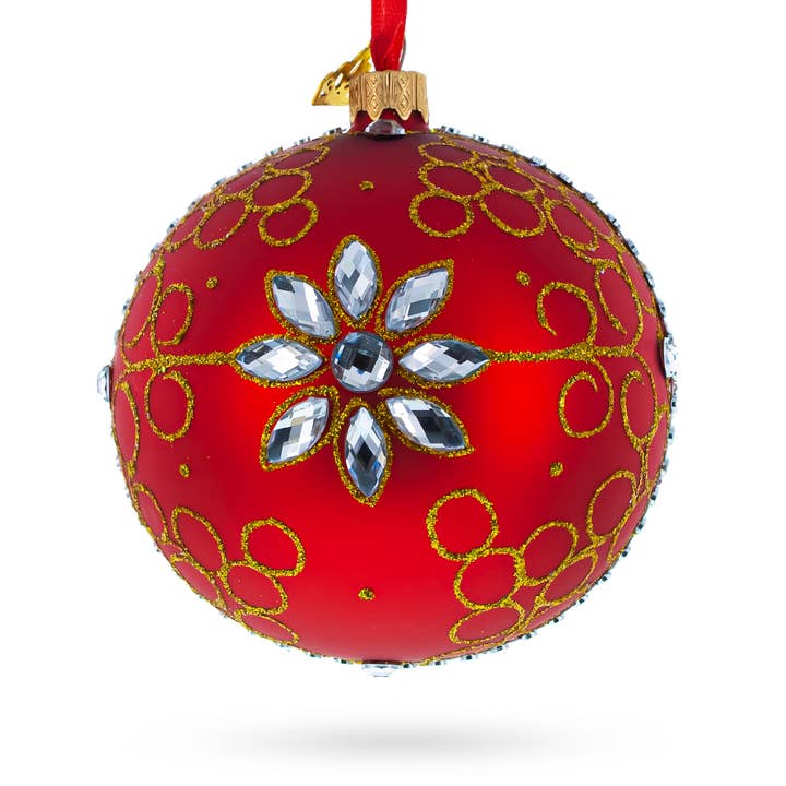 White Jewels on Red Glass Ball Christmas Ornament for wholesale by BestPysanky