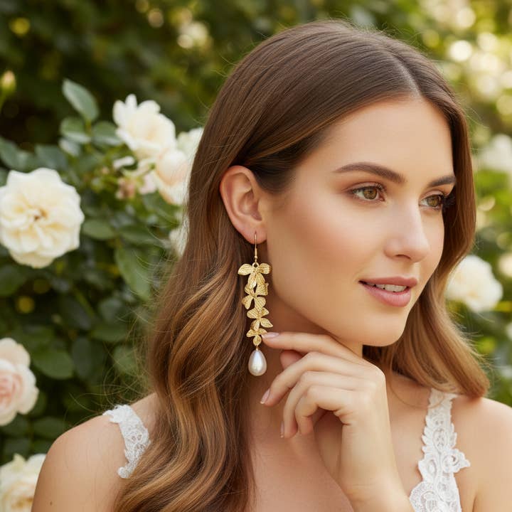 ATHENA COLLECTION - ORCHID CHANDELIER EARRINGS - CZER889 GOL for wholesale by Athena Bridal Jewellery