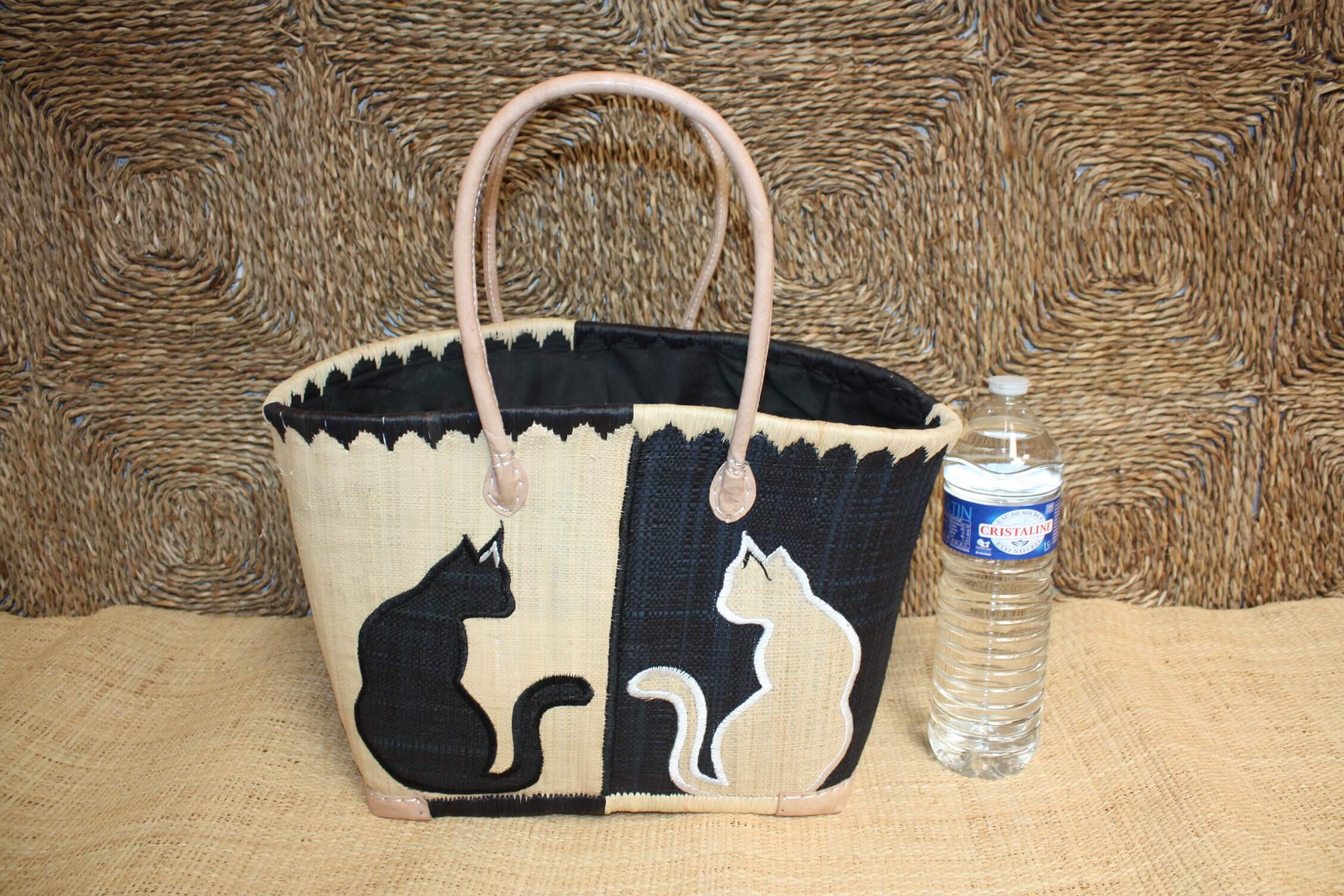 Boutique Huléti - Wholesale Beach Bag - BLACK basket embroidered with CAT design - Long Handle Bag - Market, shopping, beach tote - 3 SIZES -0