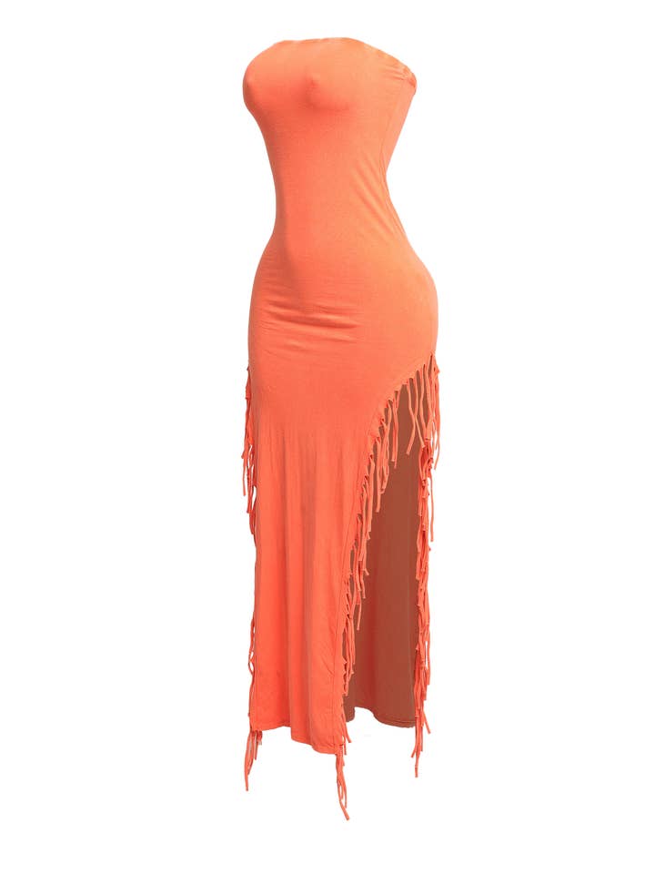 ORANGE MINERAL WASH Fringe Trim Tube Maxi Dress for wholesale on Faire