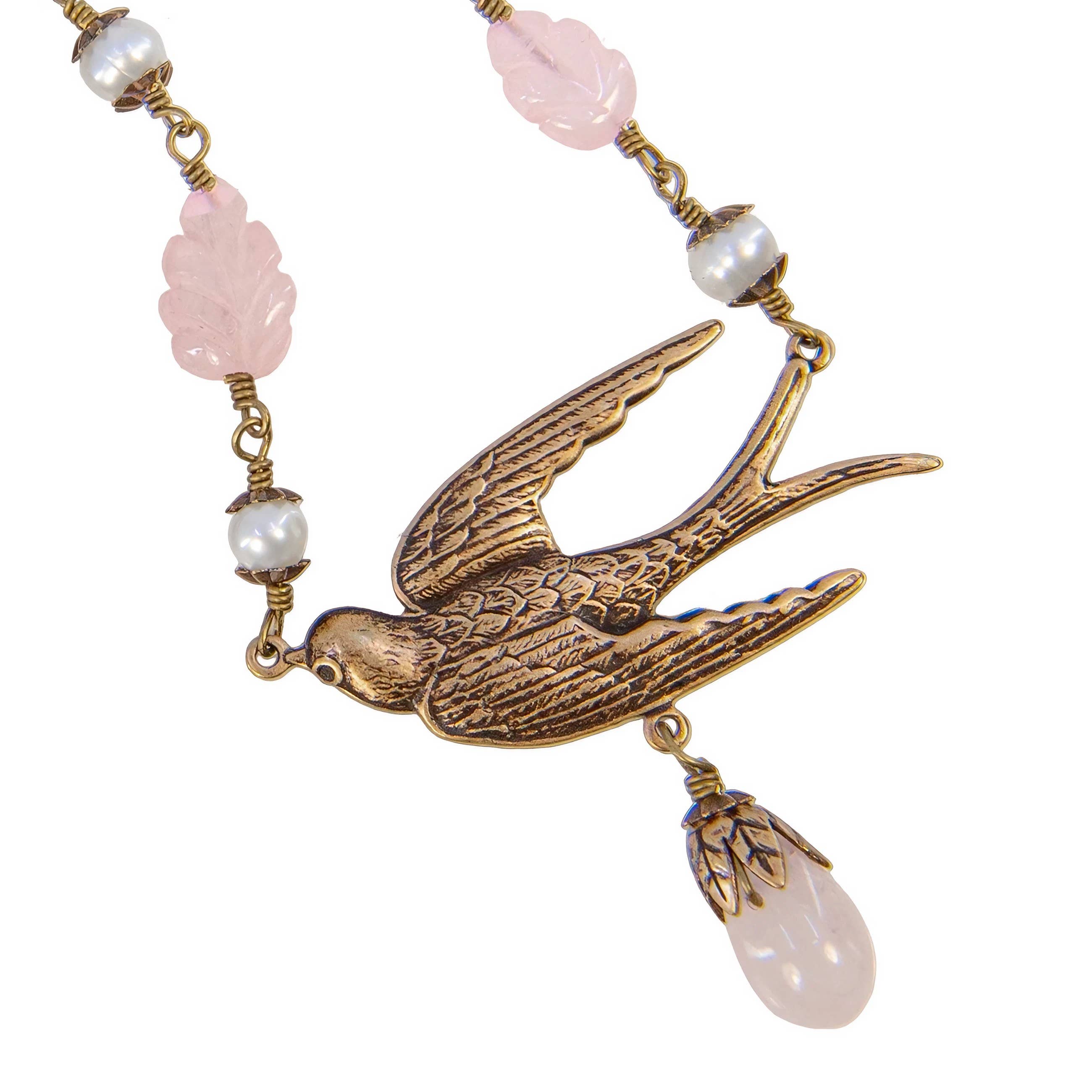 NoMonet - Wholesale Pendant/Charm Necklace - Vintage Brass Necklace - Flyaway - Bird with Rose Quartz2