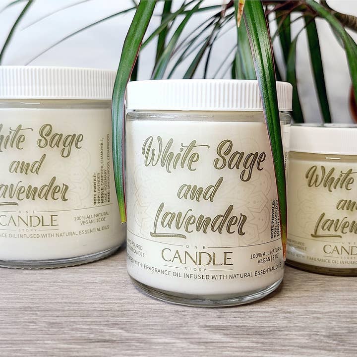 One Candle Story – wholesale Burkljus – Vit salvia/Lavendel Doftljus ,100% Naturligt Sojakvax Ljus, Doftande W/doftoljor Infunderas W/Naturliga eteriska oljor, Aromaterapi