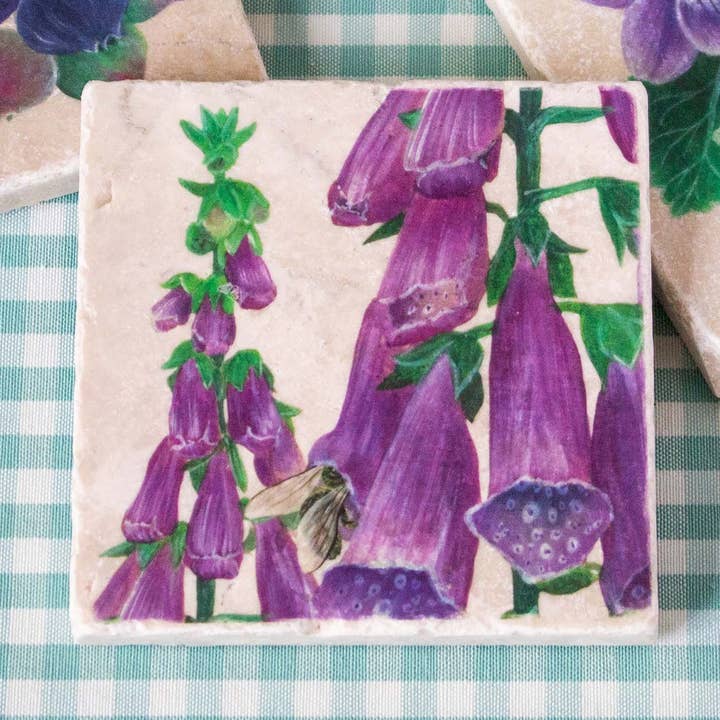Coaster with pink foxglove print / Foxglove stone coaster for wholesale by AMPellegrini Art & Design