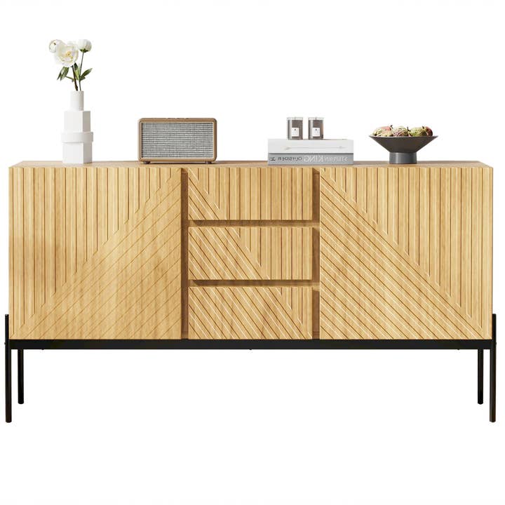 Urban Meuble - Wholesale Sideboard - Modern sideboard with natural wood effect, carved doors, and metal legs TREGRAINS9