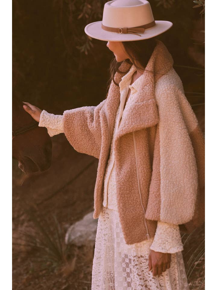 Coconut Milk Camel Colorblock Sherpa Fleece Zip-Up Jacket for wholesale on Faire2