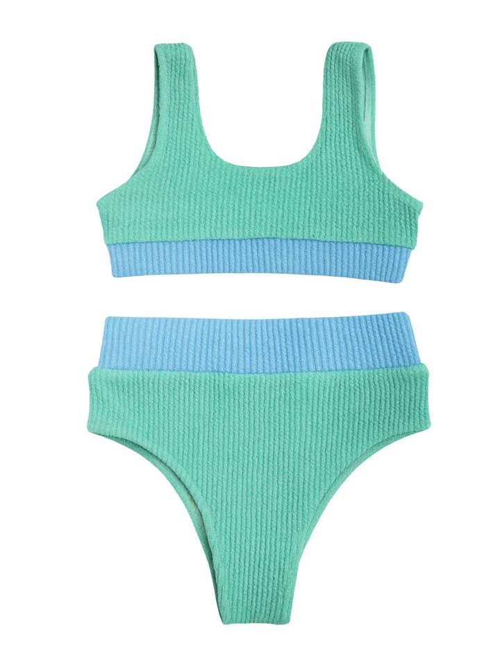Crinkle Color Block Two Piece Swimsuit / Sea Foam for wholesale by Seaesta Surf