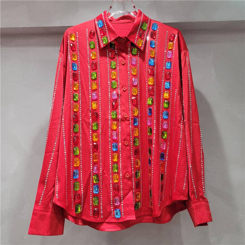 Sanyao Fashion - Wholesale Overhemd met knopen - Dames - M244 Glam Gestreepte Rhinestone Blouse met Handgemaakte Glans1