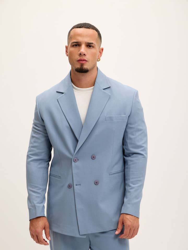 Dubbel Geknoopte Super Relaxte Jas - Blauw voor wholesale door Ron Tomson