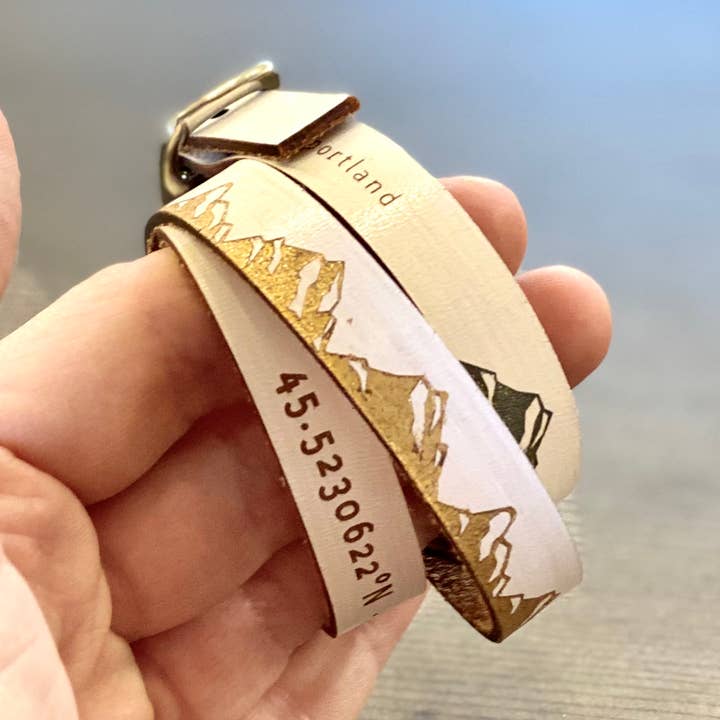 Leather Cuff with CUSTOM GPS coordinates for wholesale by Sandpoint Laser Works
