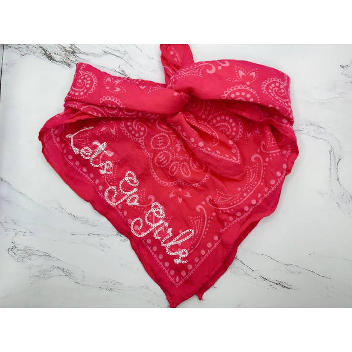 Little Lamb Designs - Wholesale Bandana - Women's - Pink/Purple/Orange Bandana w/ Embroidered Chainstitch Text