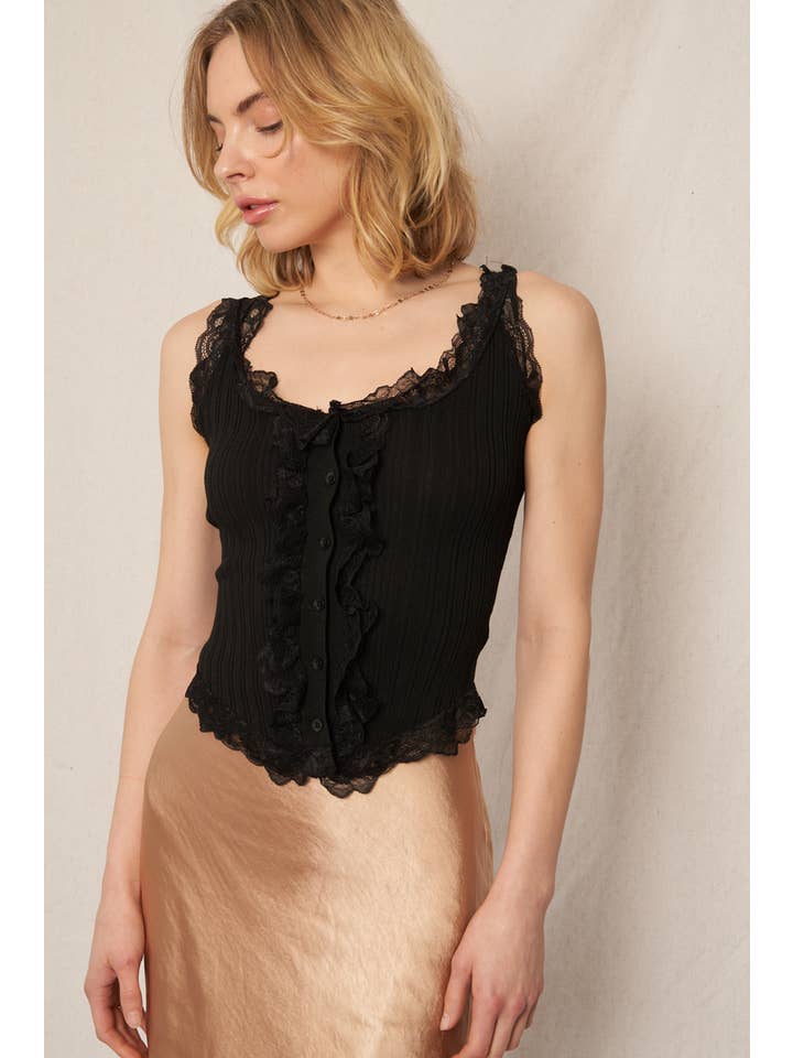 En Crème - Wholesale Button Down Shirt - Women's - Sleeveless Lace Trim Button Down Top