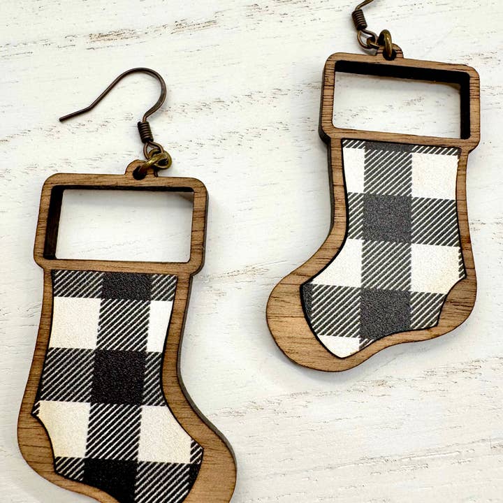 Gray and White Plaid Stocking Earrings for wholesale by The Poppy Peach, LLC.