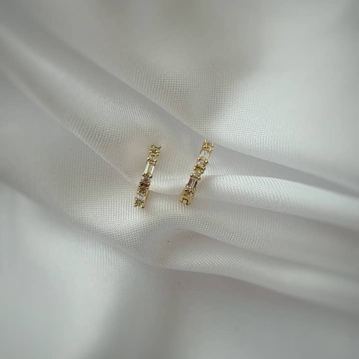 Petite Baguette CZ Huggie Hoops Earrings Gold Filled for wholesale by True by Kristy Jewelry