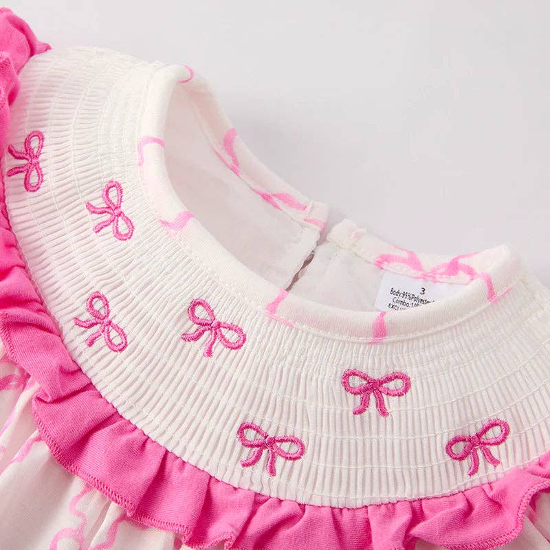 Auraquise - Vente Robe – enfant - Robe brodée smockée rose avec nœud pour filles d'été2
