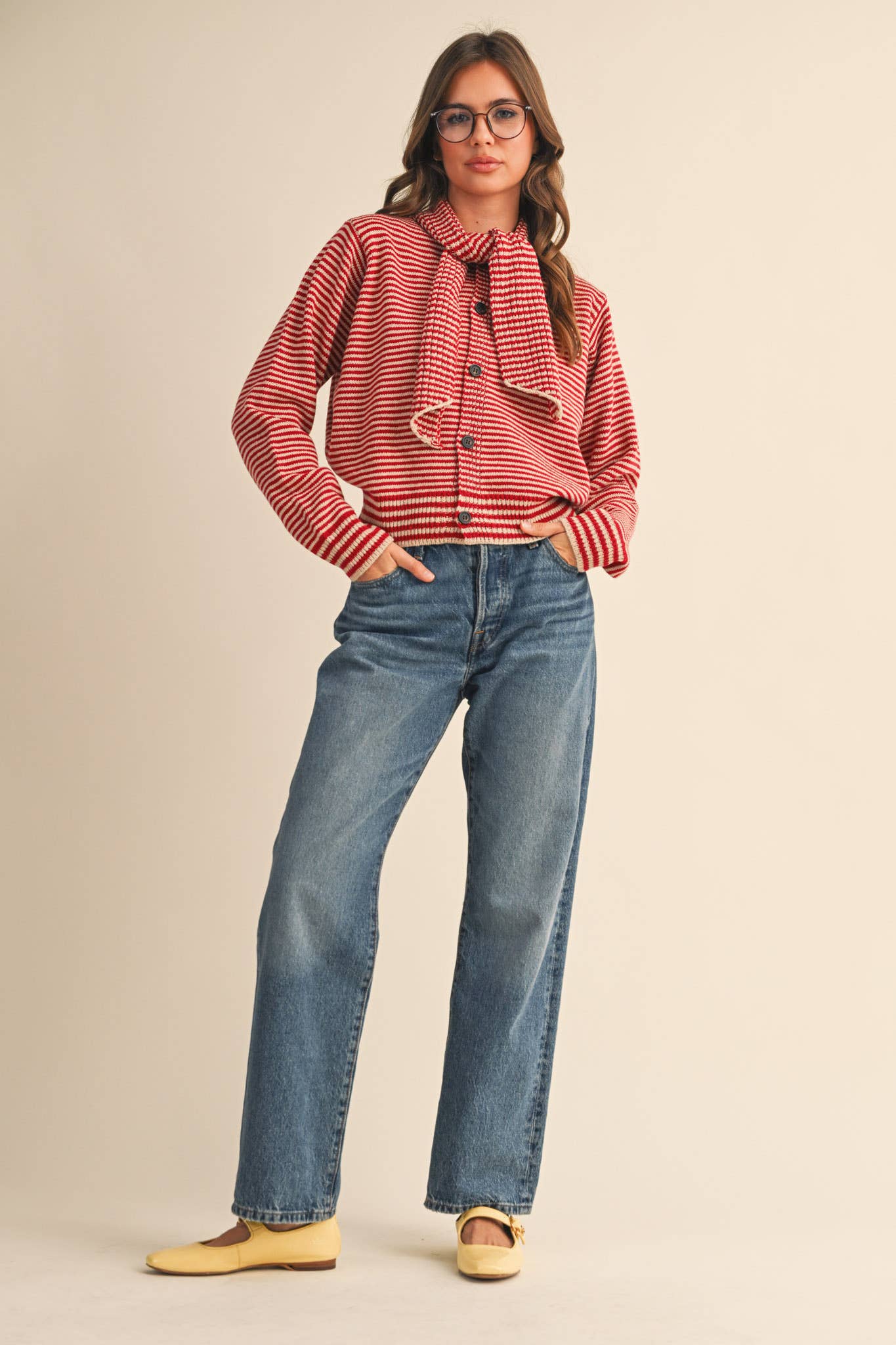 &MERCI - Wholesale Knit Sweater - Women's - STRIPED TYING NECK SWEATER CARDIGAN MSW1112516