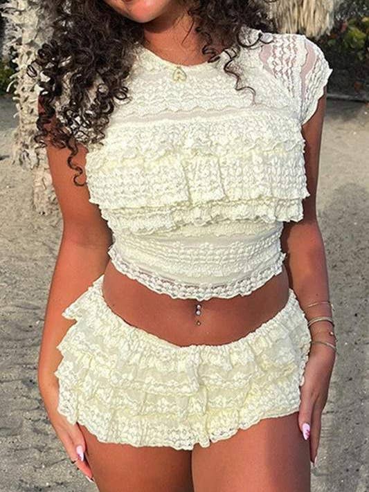 Fashion Combination - Wholesale Top & Skirt Set - Women's - lace ruffles shorts set
