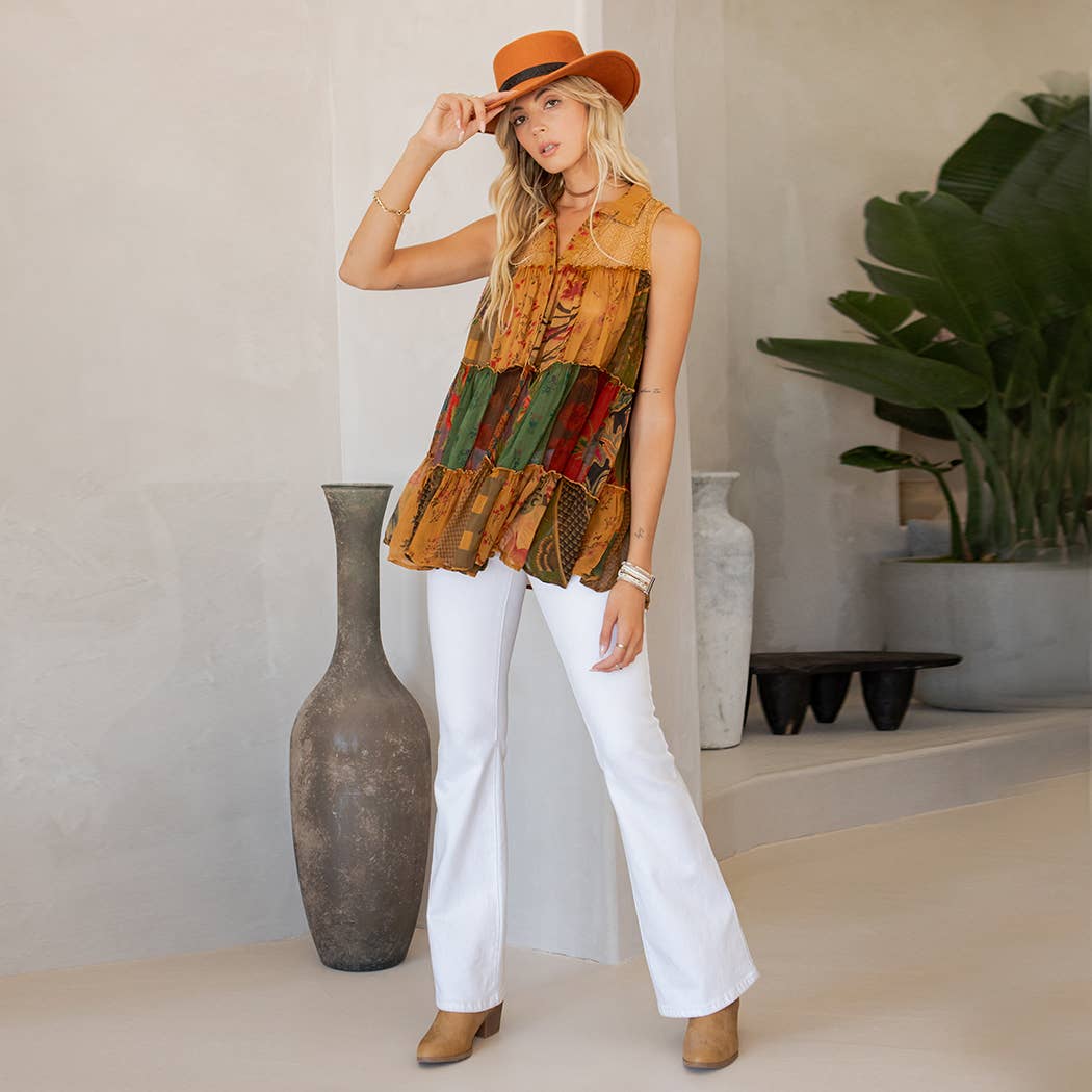 Young Threads - Wholesale Button Down Shirt - Women's - Boho Chic Nomad Patchwork Buttondown Top Sleevel (New Color)25
