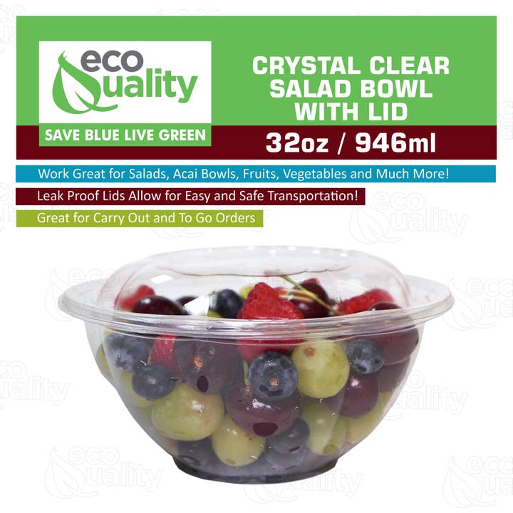 EcoQuality - Vendita all'ingrosso Contenitori per alimenti - Insalatiere usa e getta in plastica cristallina da 32 once con coperchi