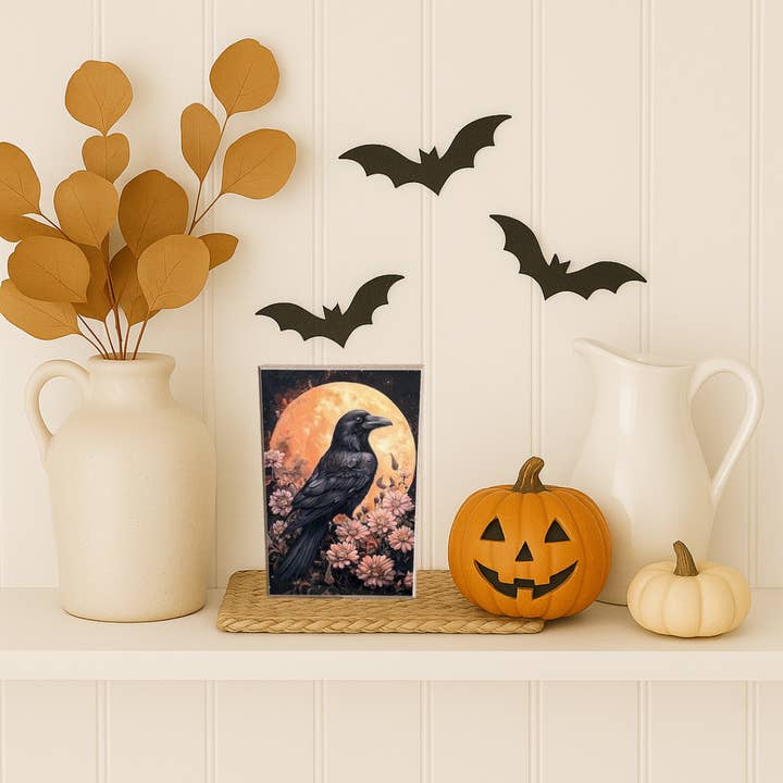 JanMichaels Art & Home - Wholesale Sign - HMK1070B Floral Moon Crow Block