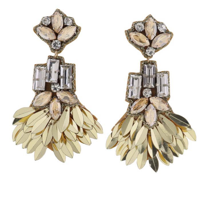 Gold Sequin Fan Earring with Clear Crystals for wholesale by Jane Marie