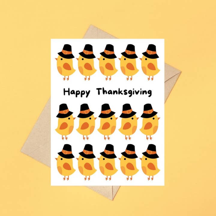 Happy Thanksgiving Pilgrim Chicks Greeting Card for wholesale by Feira Pop