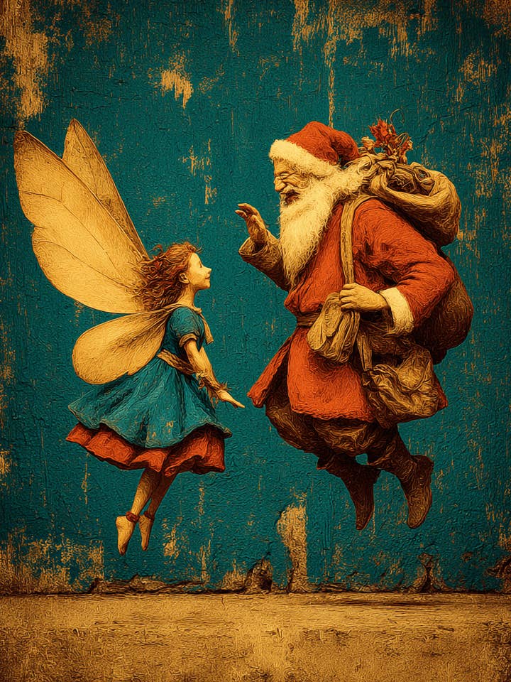 Fée et Père Noël sautent de joie Art Print de fée - Œuvre 8"x10" pour cadre 11"x14" pour la vente par Mowbi