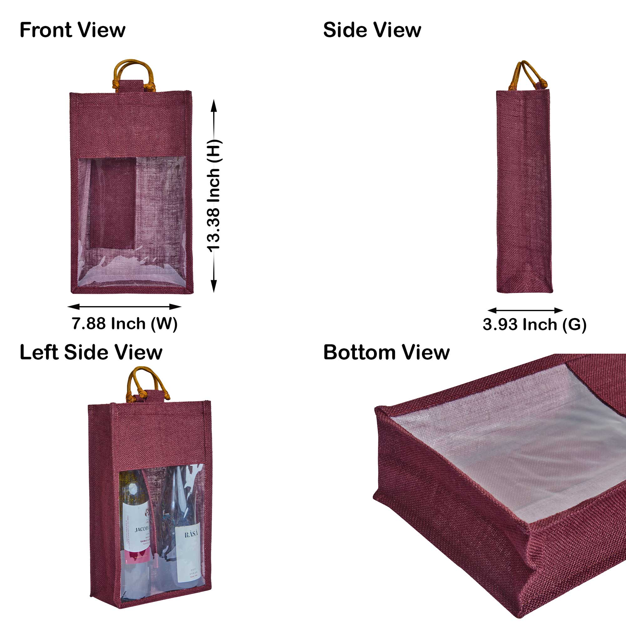 ecojutebags – wholesale Wine gift bag – 6-Pack Burlap Wine Bags with Cane Handle & Clear PVC Window2