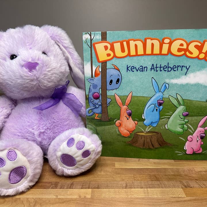 Bunnies!!! + Purple Bunny Plush - Hardcover Picture Book for wholesale by Scribble & Scroll