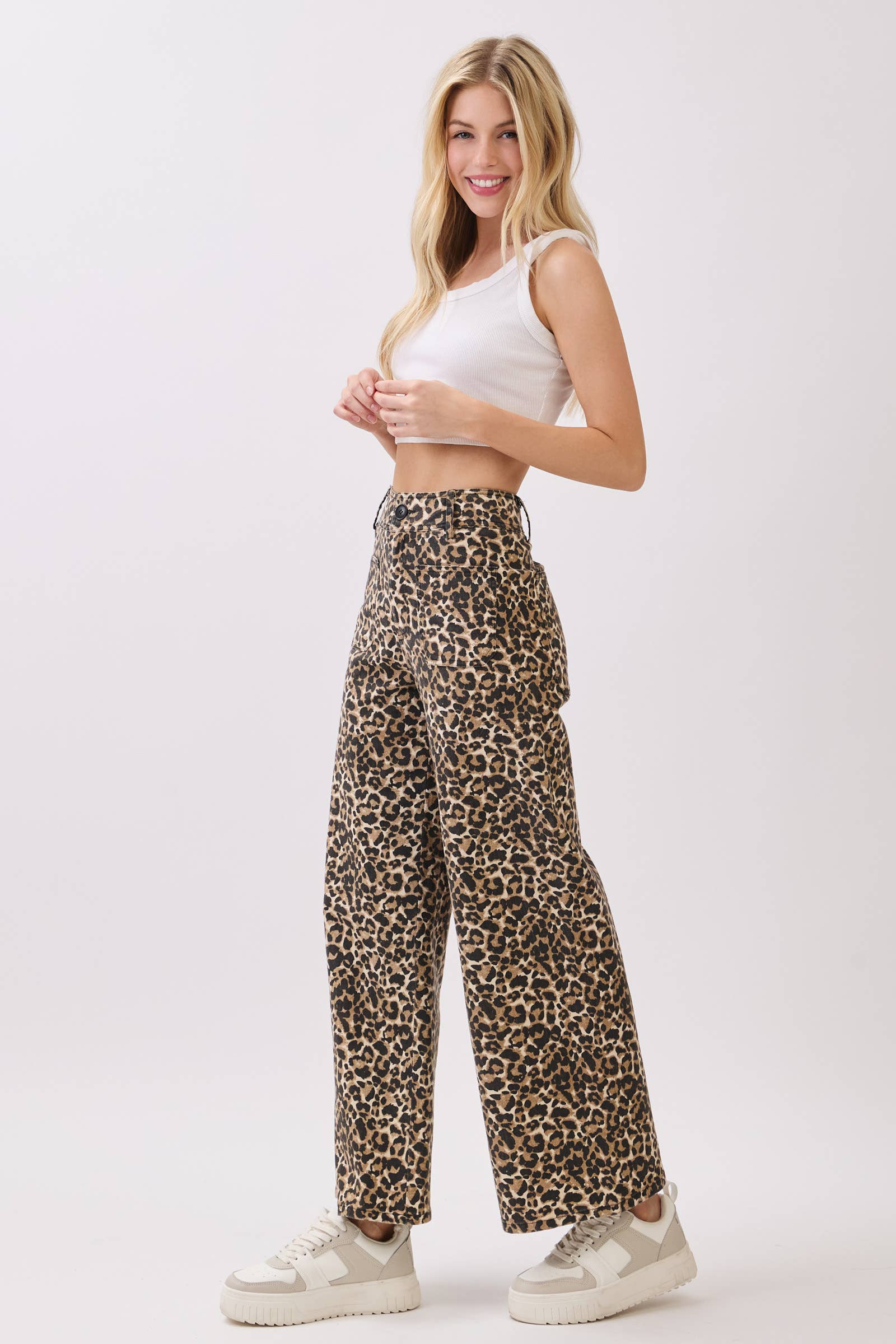 BROWN Stretch Twill Leopard Wide Leg Pants for wholesale on Faire9