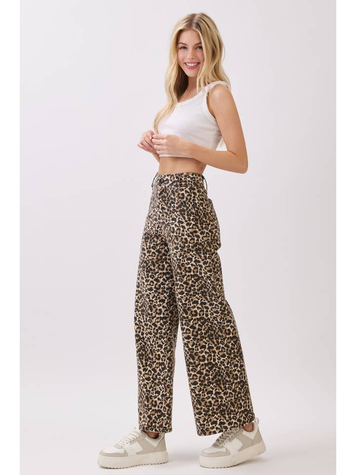 BROWN Stretch Twill Leopard Wide Leg Pants for wholesale on Faire9