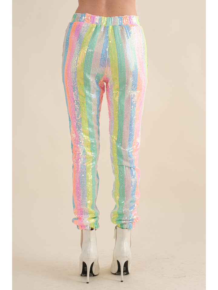 34007P - Rainbow Sequin Mid Rise Elastic Waist Jogger Pants for wholesale on Faire