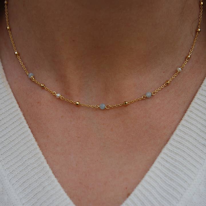Colar de pérolas aquamarine, colar de prata, pedra preciosa por atacado de Yneda Jewels