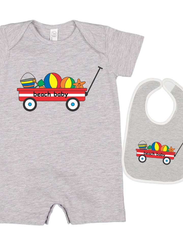 Beach Baby wagon romper and bib set for wholesale by Poseys
