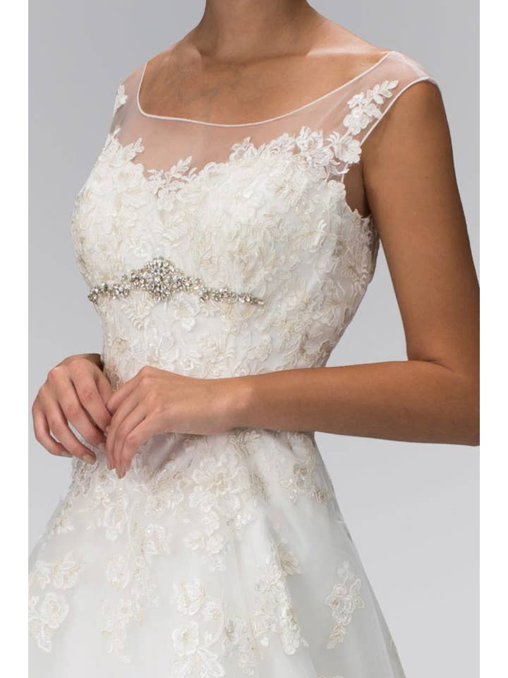 Ivory A-Line Wedding Dress with Sheer Yoke Neckline for wholesale on Faire1