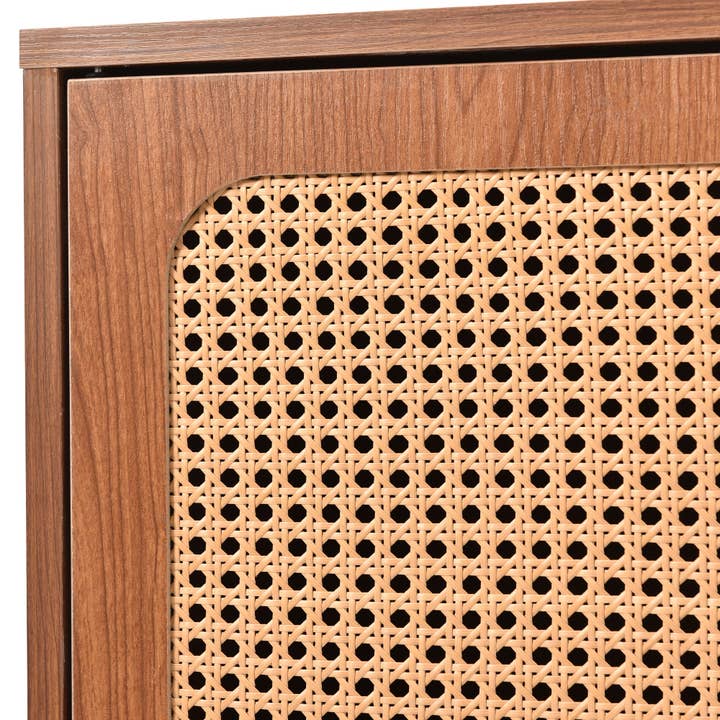 Urban Meuble - Wholesale Cabinet - Walnut wood effect sideboard with 2 doors and 3 rattan drawers, golden legs and handles 150*90*40cm URNO7