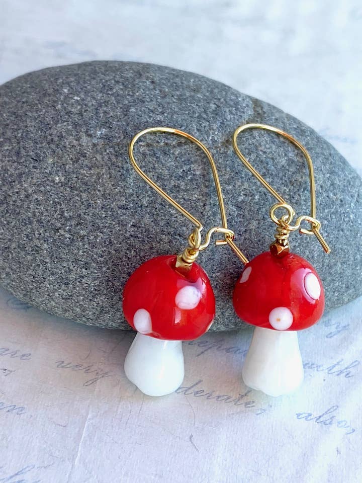Red Mushroom Earrings Red & White Glass Fairy Toadstools for wholesale by Red Truck Designs