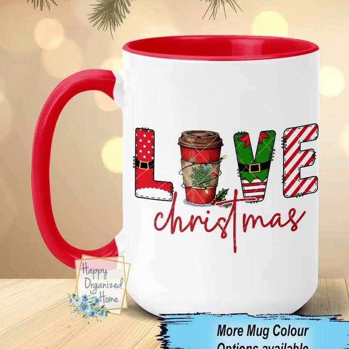 Love Christmas Coffee Mug with Coloured handle for wholesale by Happy Organized Home