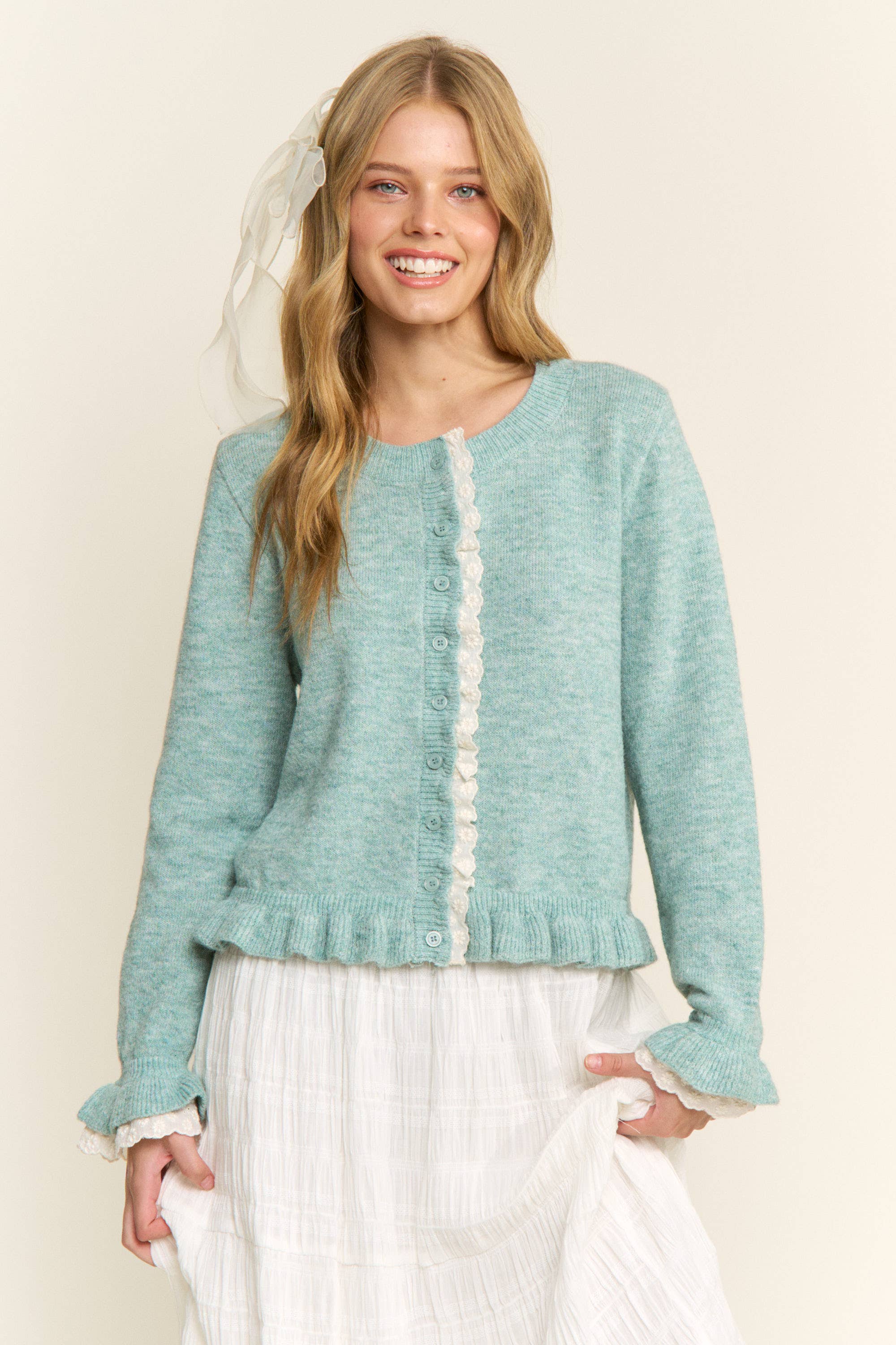 CANDESCENT - Wholesale Cardigan - Women's - Lace Trim Ruffle Hem Cardigan10