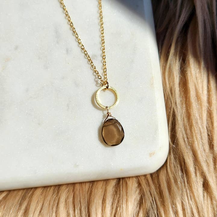 Smoky Quartz Flat Nugget Gold Plated Small Circle Necklace for wholesale by Edgy Petal Jewelry