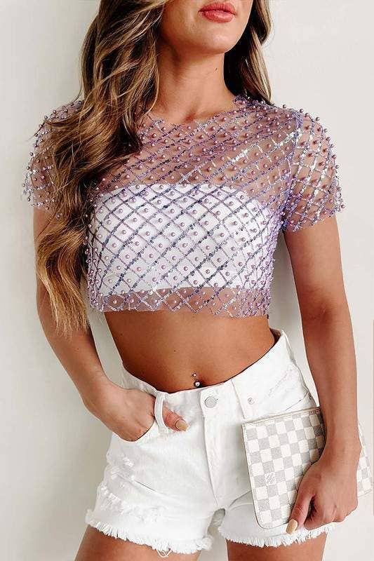 Fashion Combination - Wholesale Blouse - Women's - pearl studed mesh top3