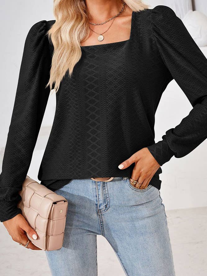 Comely Fashion - Wholesale Blouse - Women's - CF-HLL106 Square Neck Solid Jacquard Tshirt Long Sleeves Top4