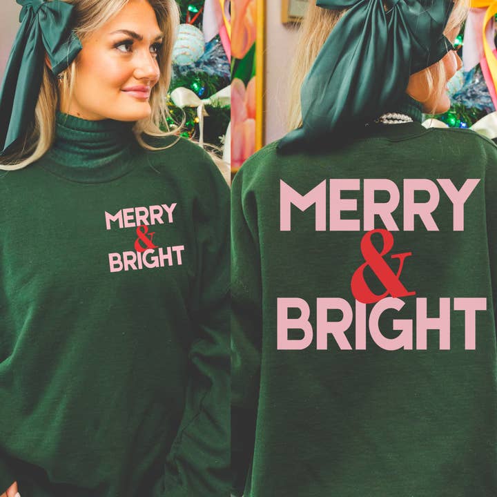 Merry & Bright Christmas Sweatshirt | Forest Green Holiday P for wholesale by Hey Jude Graphic Tees