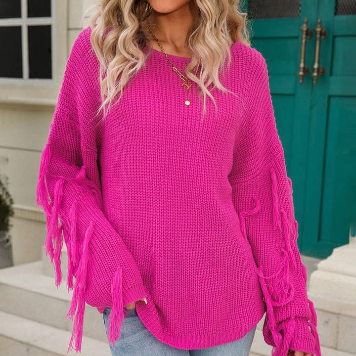 PULL À FRANGES EN MAILLE GROSSIÈRE UNIE À COL ROND pour la vente par Lily Clothing