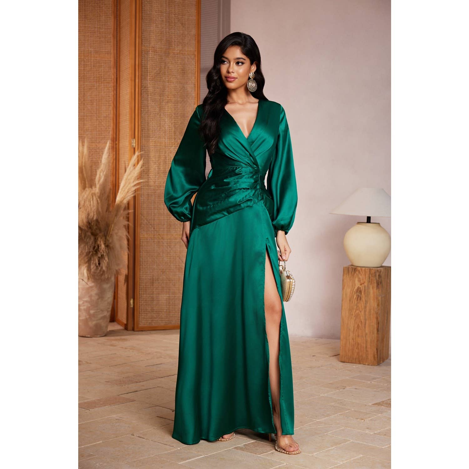Chicways - Wholesale Dress - Women's - Solid Color Maxi Dress with Long Sleeves0