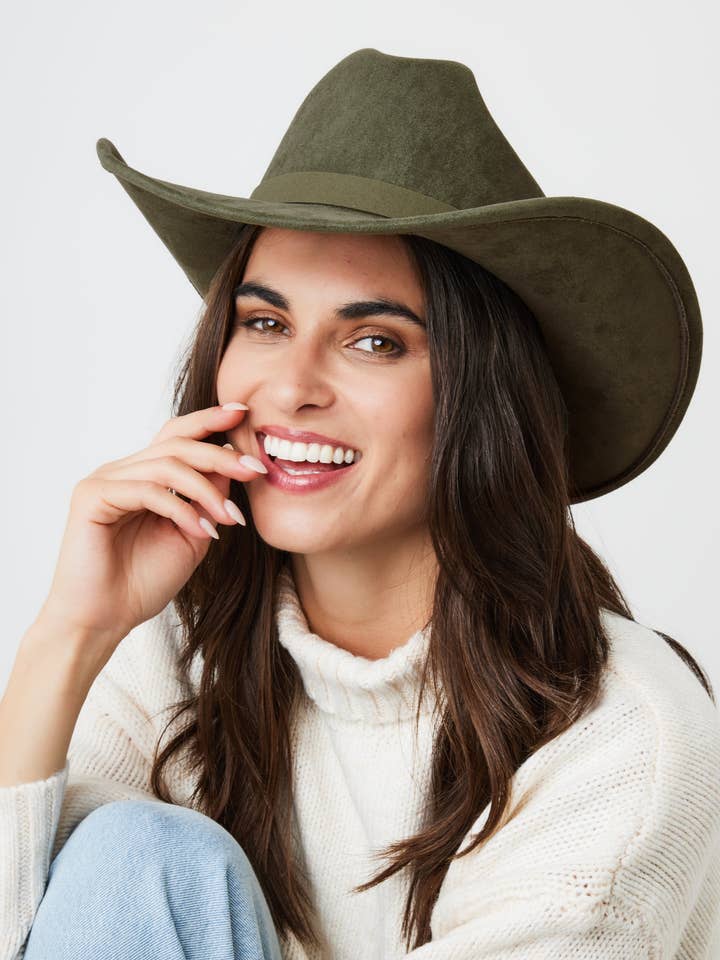 Olive Green Faux Suede Cowboy Hat for wholesale by My Accessories London
