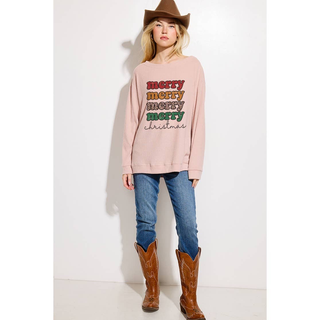 Phil Love - Wholesale Graphic Sweatshirt - Women's - Merry Christmas Print Brushed Rib Long Sleeve Top5