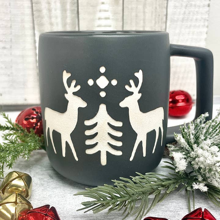 Crooked River Candle - Wholesale Jar/Filled Candle - Holiday Mug Candle-Matte Grey-Scandinavian Deer-Wood Wick